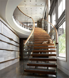 Stainless steel glass railing double beam curved staircase