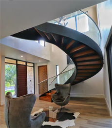 Interior modern design carbon steel white oak treads curved staircase 